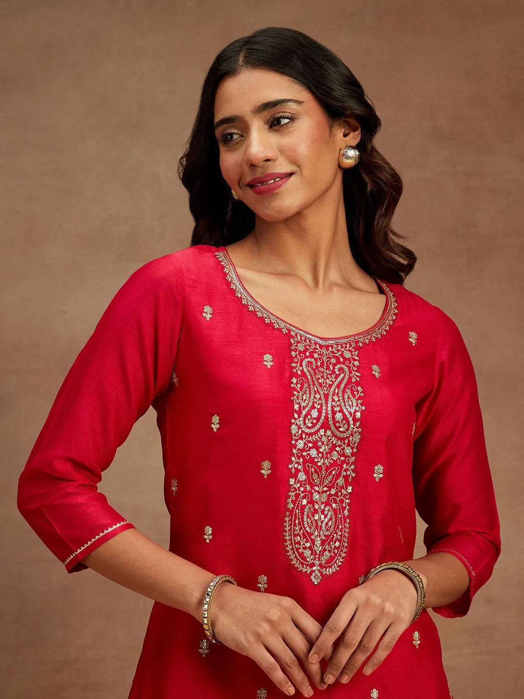 Anouk Pink Embroidered Silk Straight Kurta