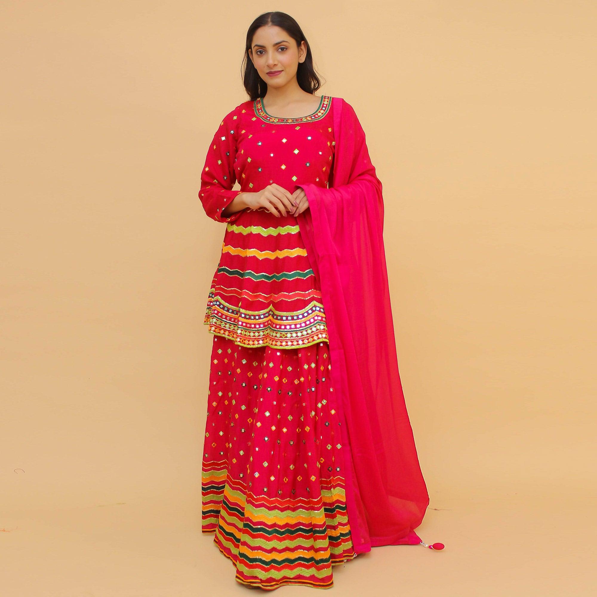 Pink Embroidered With Embellished Art Silk Lehenga Kameez