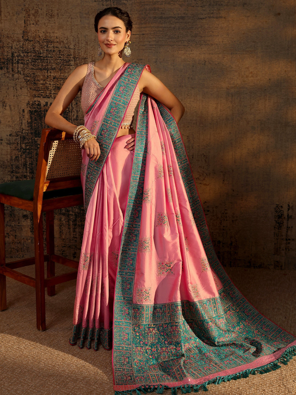 Anouk Pink Ethnic Motifs Embroidered Silk Blend Saree With Unstitched Blouse Piece