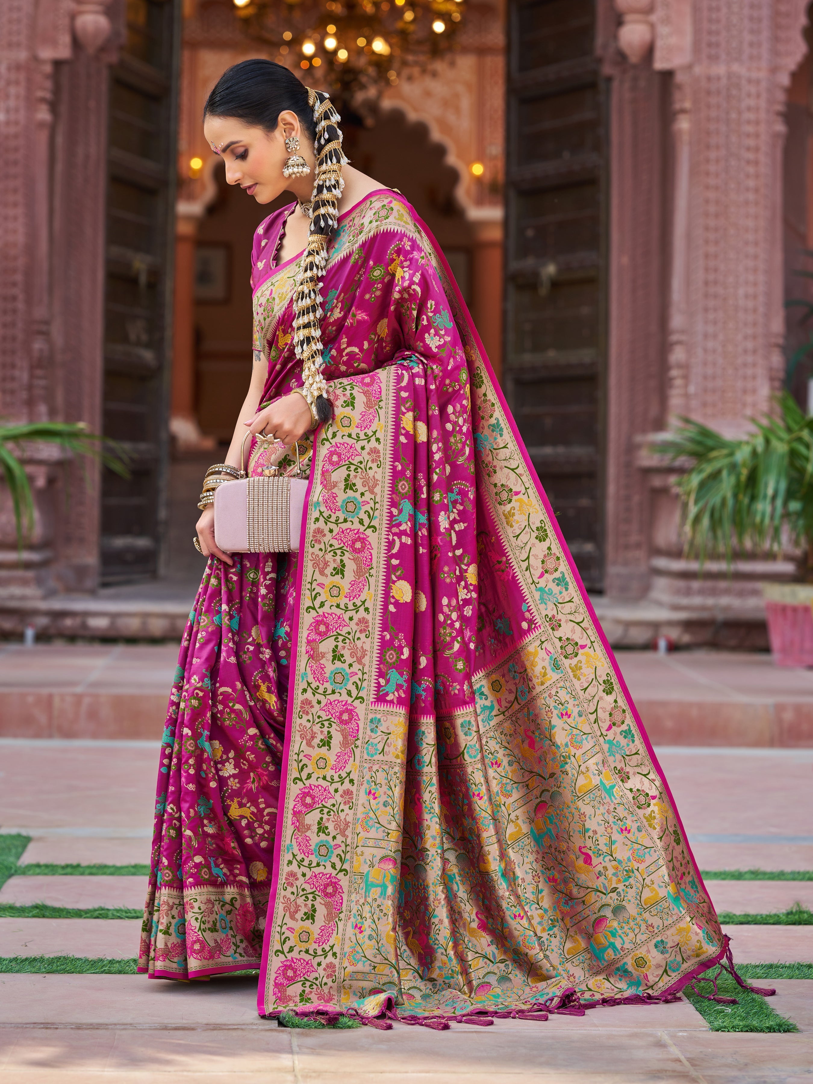 Pink Exquisite Banarasi Jacquard Art Silk Saree with Matching Border Blouse – Perfect for Weddings
