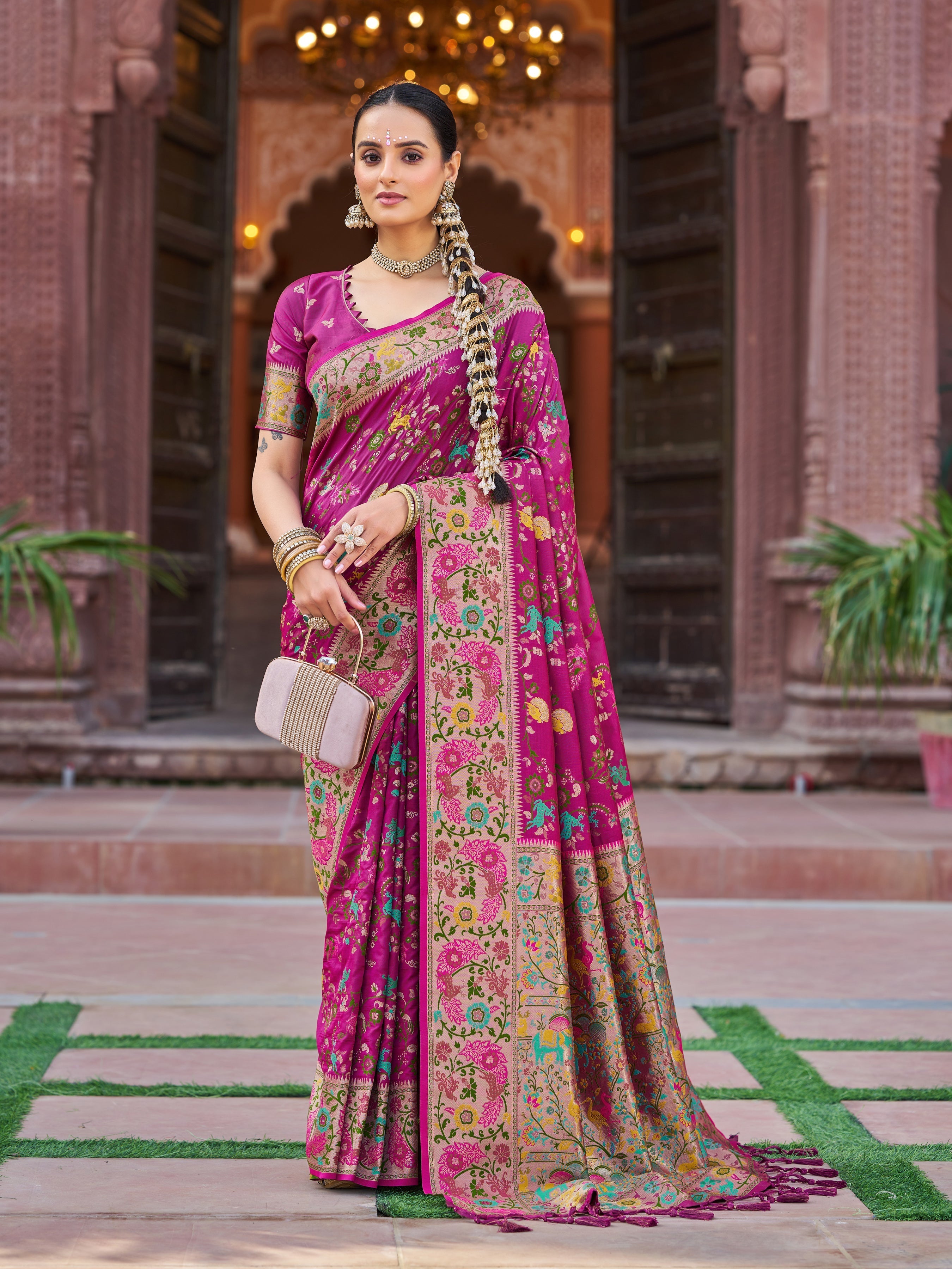 Pink Exquisite Banarasi Jacquard Art Silk Saree with Matching Border Blouse – Perfect for Weddings