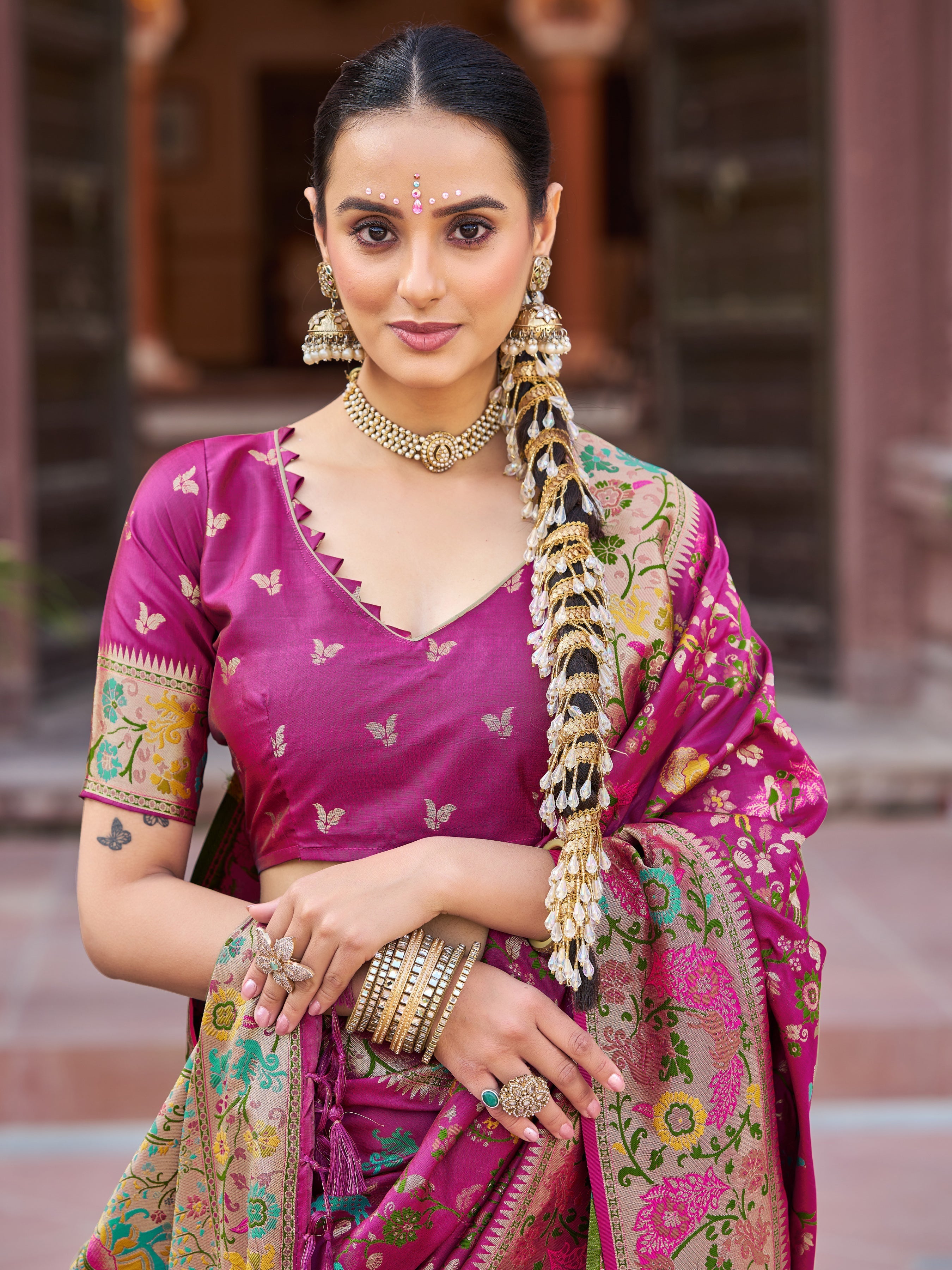 Pink Exquisite Banarasi Jacquard Art Silk Saree with Matching Border Blouse – Perfect for Weddings