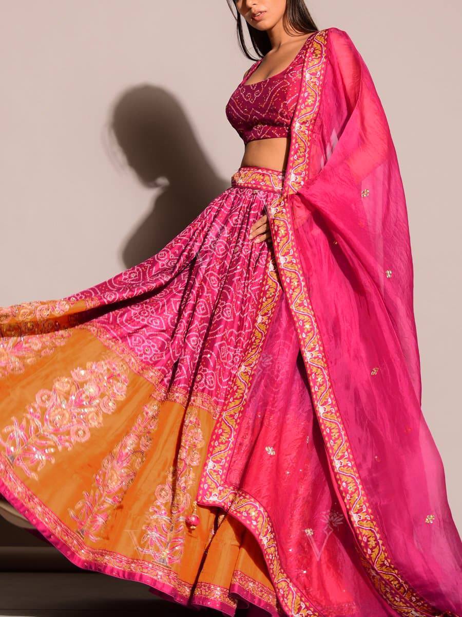 Pink Exquisite Bandhani Look Lehenga Set