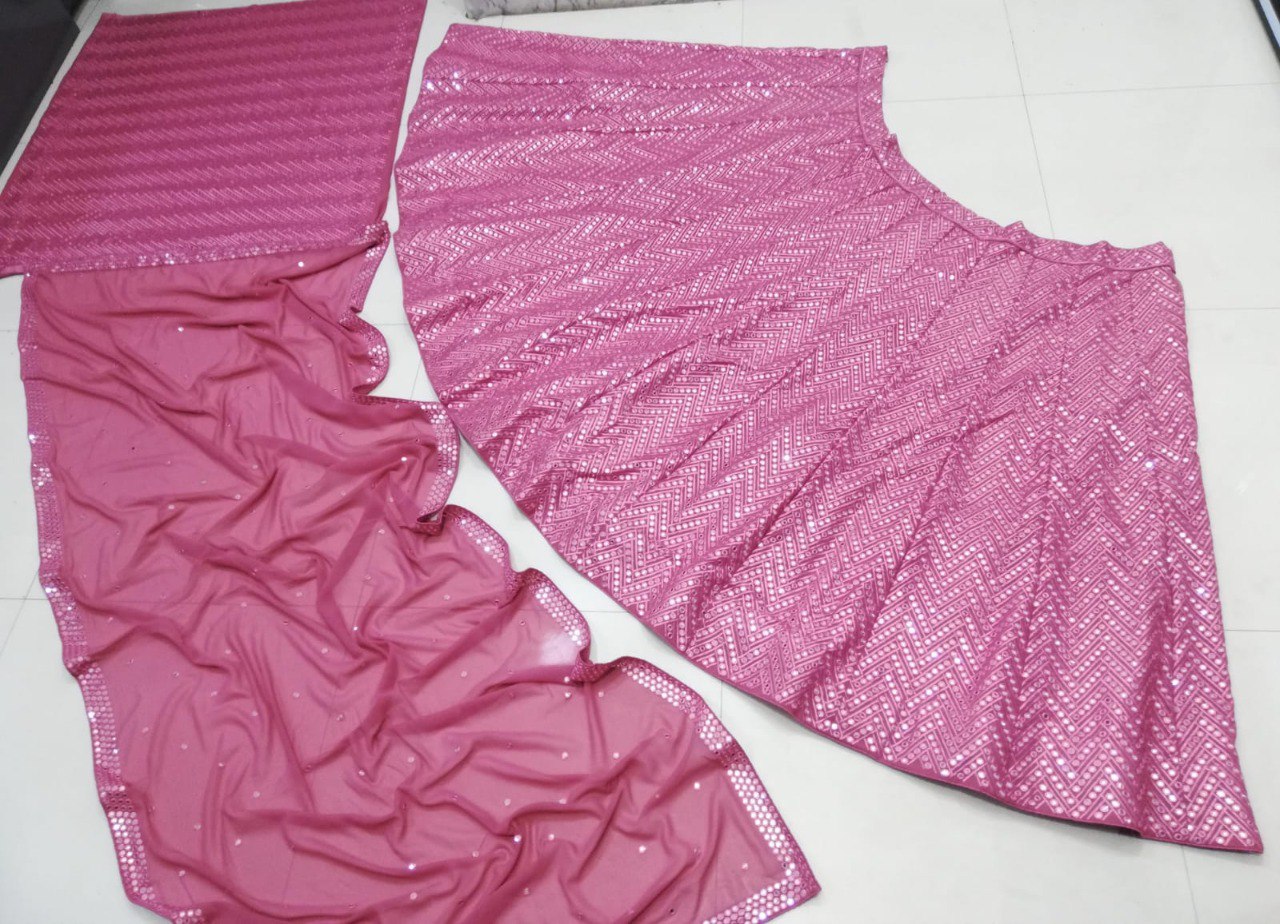 Pink Faux Georgette Lehenga Set with 9mm Sequins & Thread Embroidery – Semi-Stitched with Dupatta