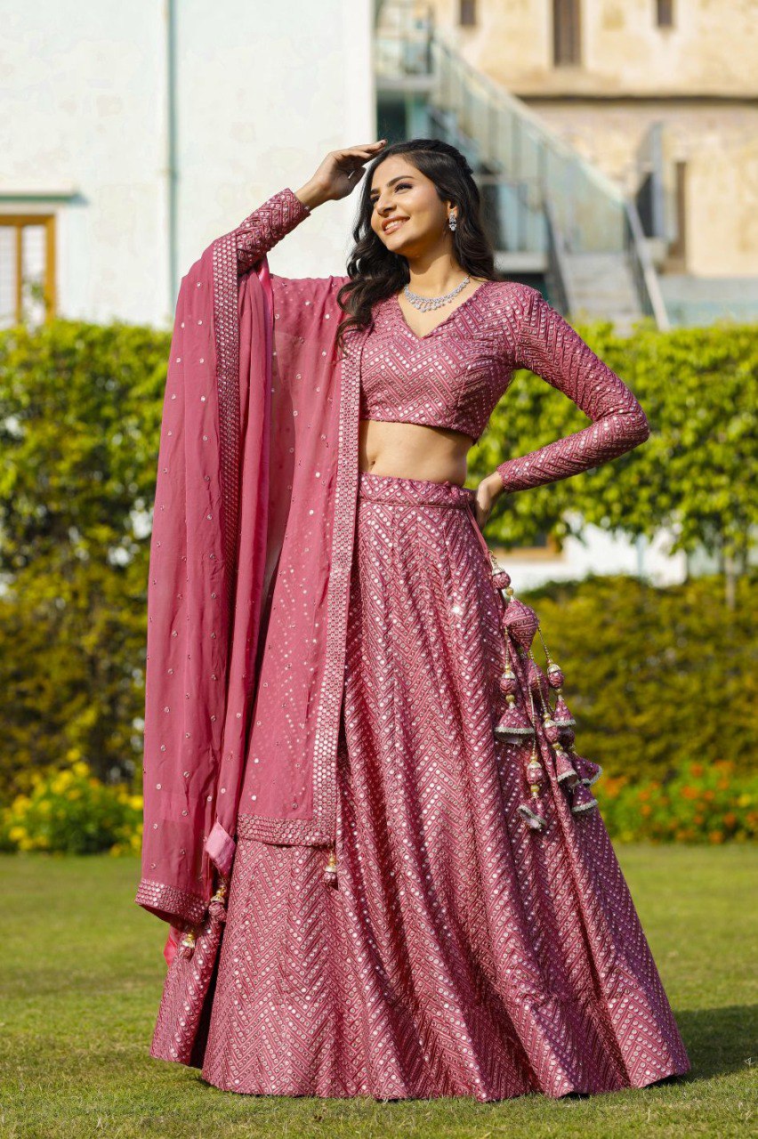 Pink Faux Georgette Lehenga Set with 9mm Sequins & Thread Embroidery – Semi-Stitched with Dupatta