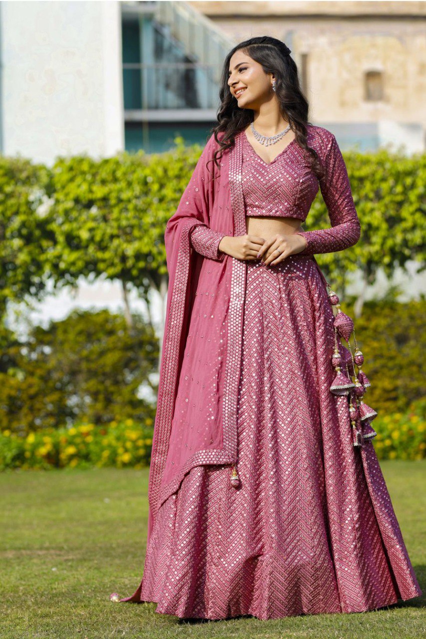 Pink Faux Georgette Lehenga Set with 9mm Sequins & Thread Embroidery – Semi-Stitched with Dupatta