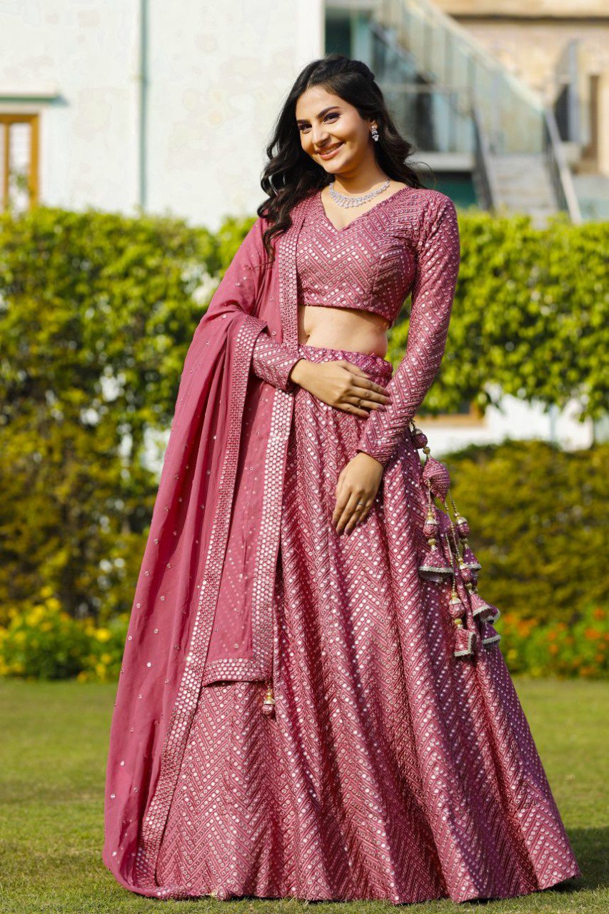 Pink Faux Georgette Lehenga Set with 9mm Sequins & Thread Embroidery – Semi-Stitched with Dupatta