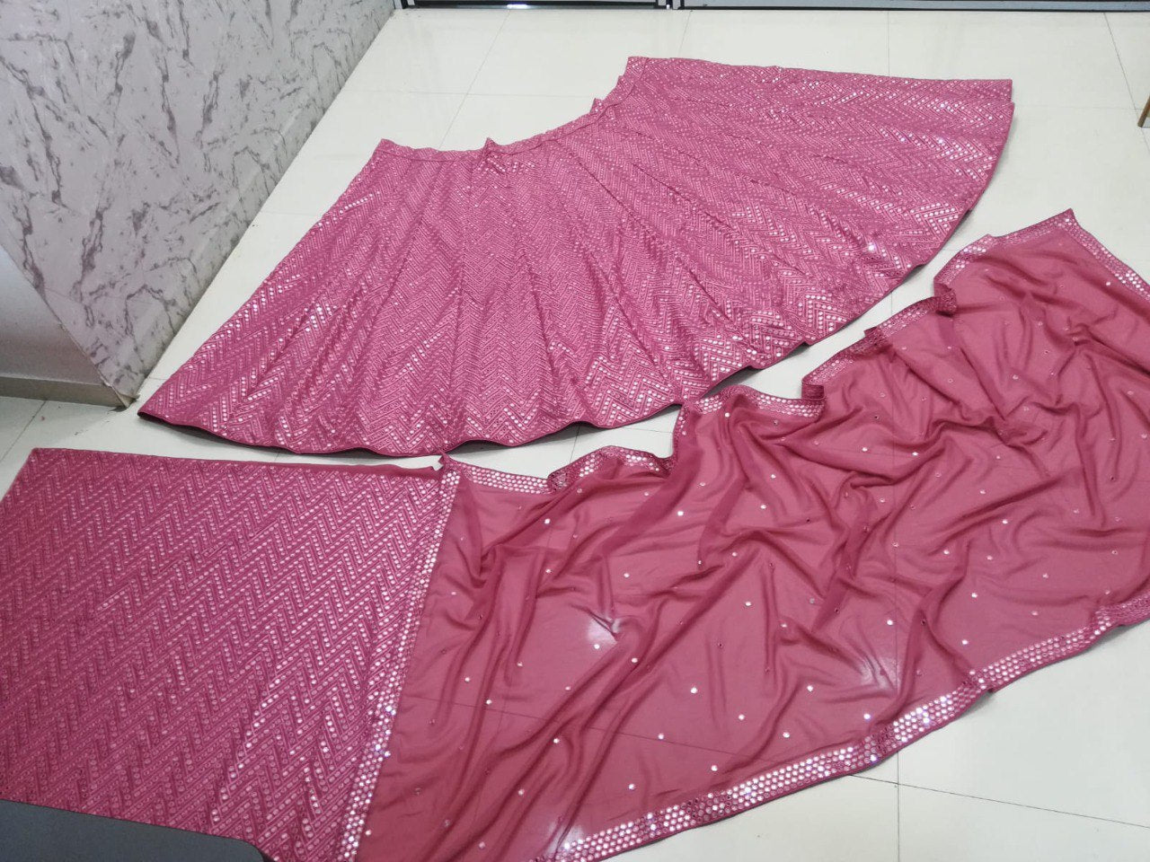 Pink Faux Georgette Lehenga Set with 9mm Sequins & Thread Embroidery – Semi-Stitched with Dupatta