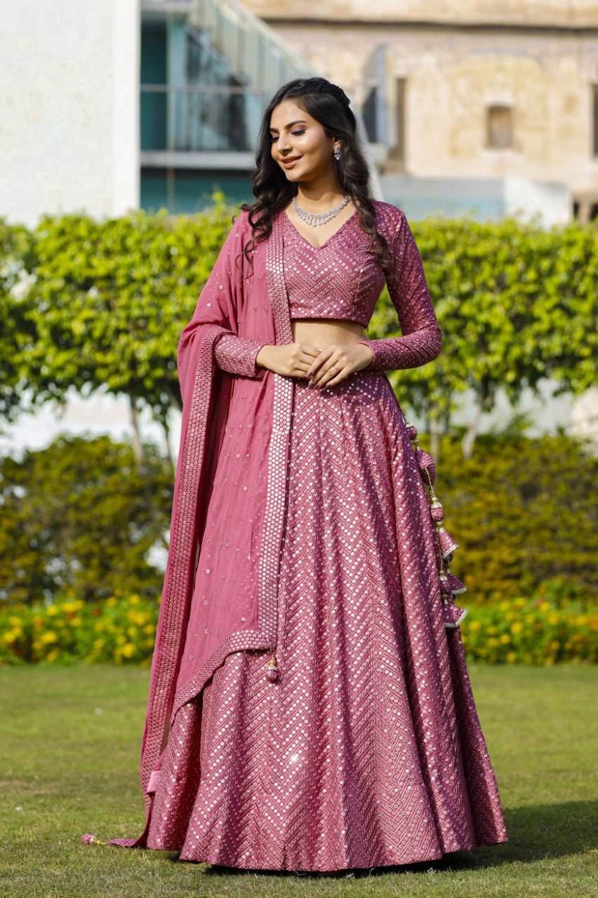 Pink Faux Georgette Lehenga Set with 9mm Sequins & Thread Embroidery – Semi-Stitched with Dupatta