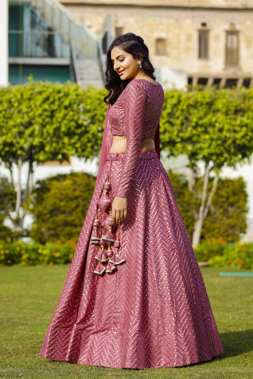 Pink Faux Georgette Lehenga Set with 9mm Sequins & Thread Embroidery – Semi-Stitched with Dupatta