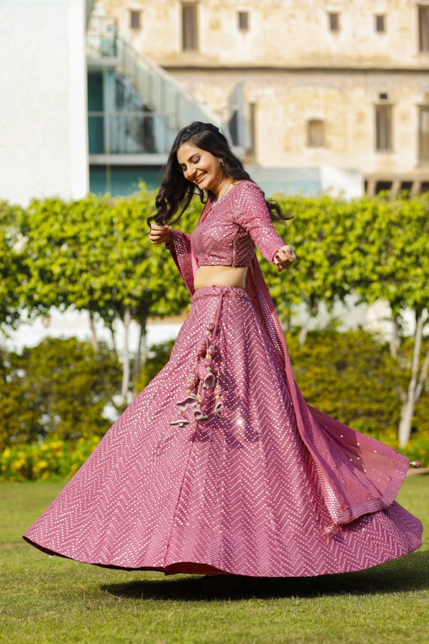 Pink Faux Georgette Lehenga Set with 9mm Sequins & Thread Embroidery – Semi-Stitched with Dupatta