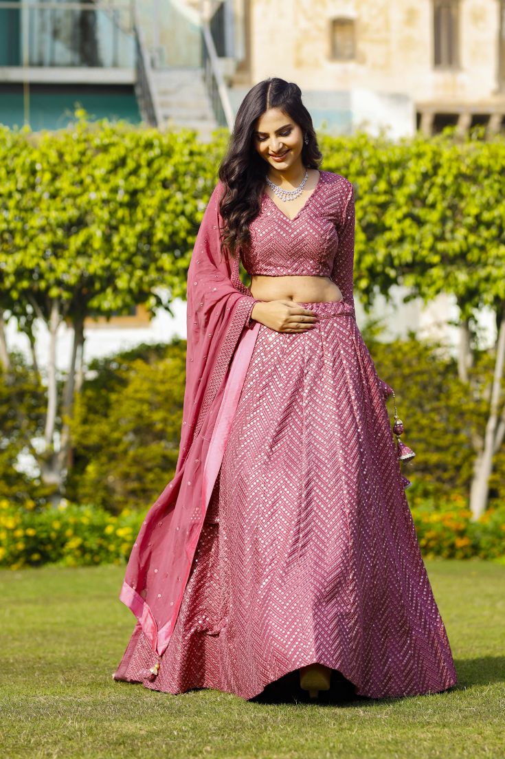 Pink Faux Georgette Lehenga Set with 9mm Sequins & Thread Embroidery – Semi-Stitched with Dupatta