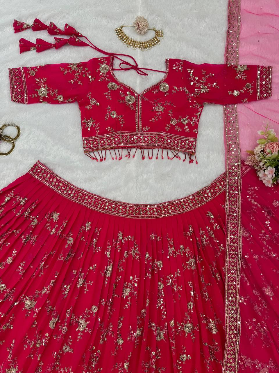 Pink Faux Georgette Thread & Sequin Embroidered Lehenga Choli Set with Fancy Dupatta