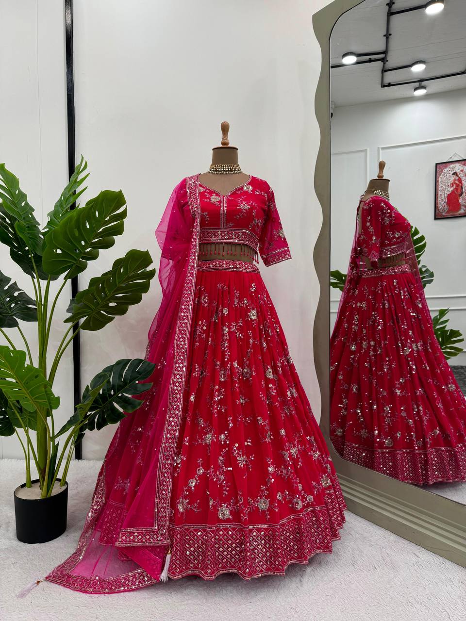 Pink Faux Georgette Thread & Sequin Embroidered Lehenga Choli Set with Fancy Dupatta