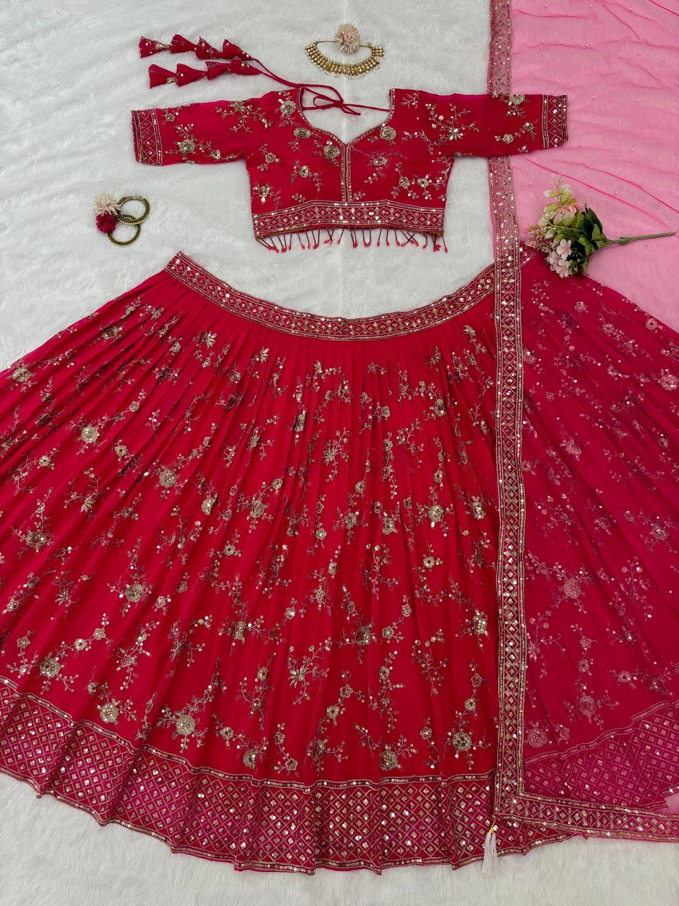 Pink Faux Georgette Thread & Sequin Embroidered Lehenga Choli Set with Fancy Dupatta