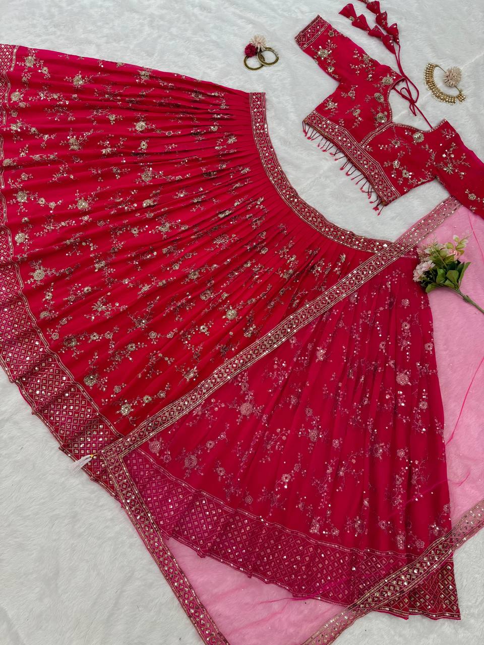Pink Faux Georgette Thread & Sequin Embroidered Lehenga Choli Set with Fancy Dupatta