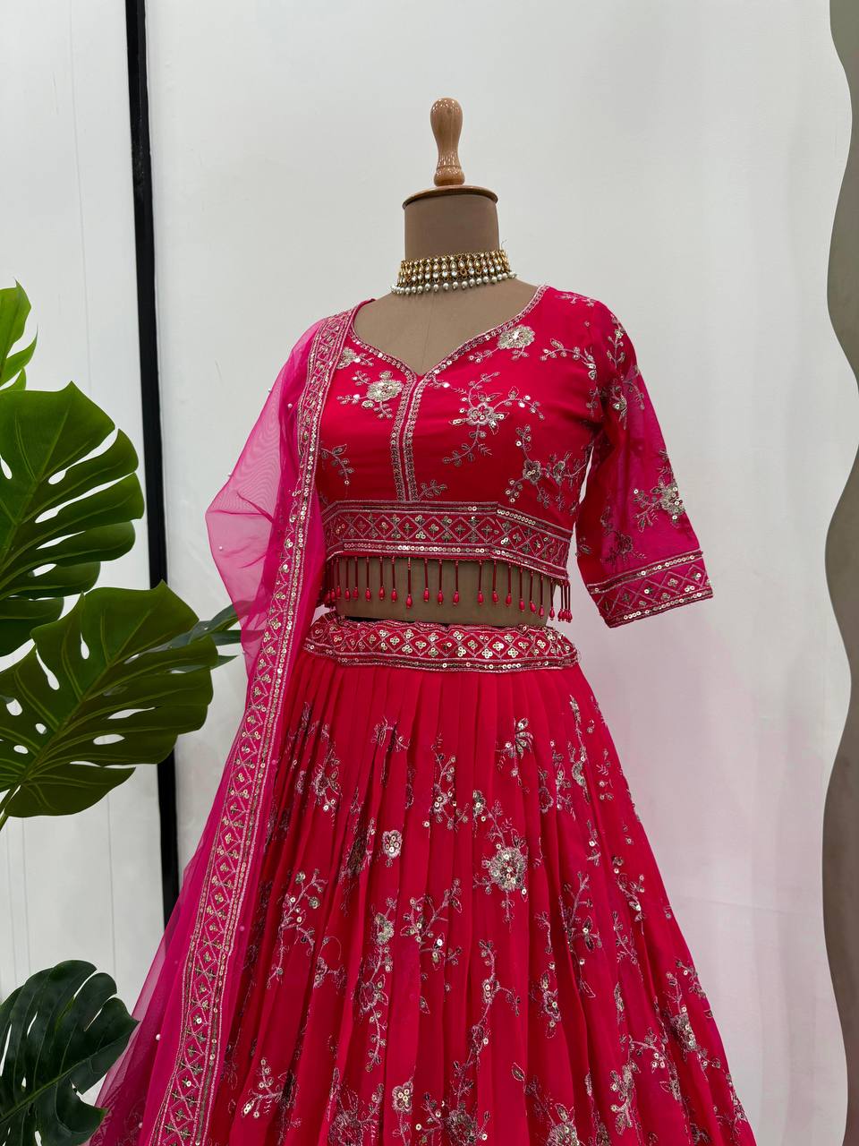 Pink Faux Georgette Thread & Sequin Embroidered Lehenga Choli Set with Fancy Dupatta