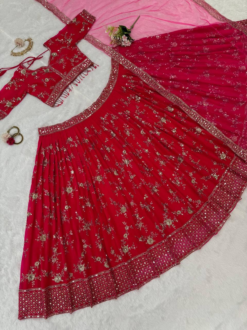 Pink Faux Georgette Thread & Sequin Embroidered Lehenga Choli Set with Fancy Dupatta