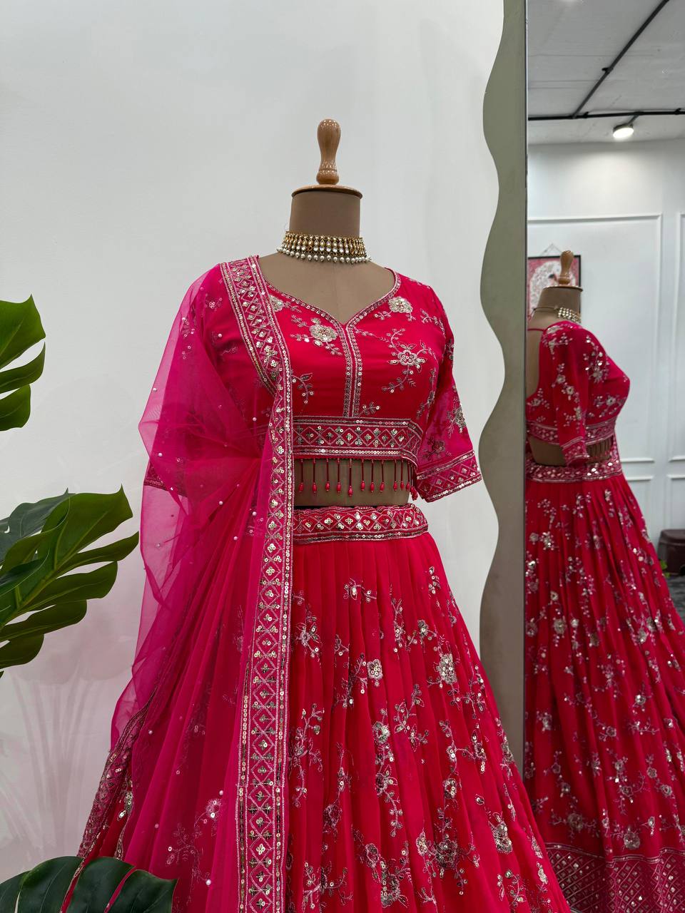 Pink Faux Georgette Thread & Sequin Embroidered Lehenga Choli Set with Fancy Dupatta