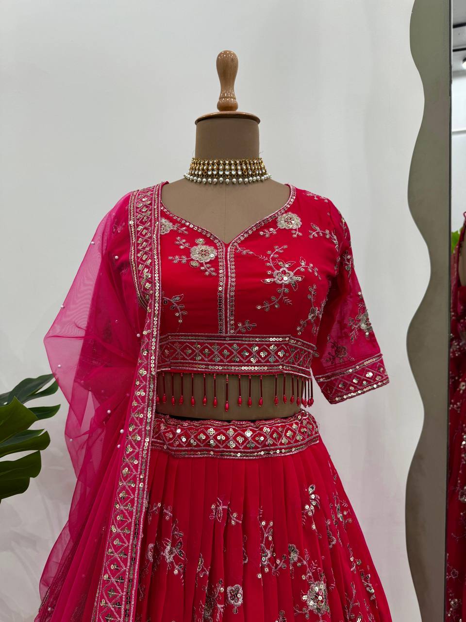 Pink Faux Georgette Thread & Sequin Embroidered Lehenga Choli Set with Fancy Dupatta