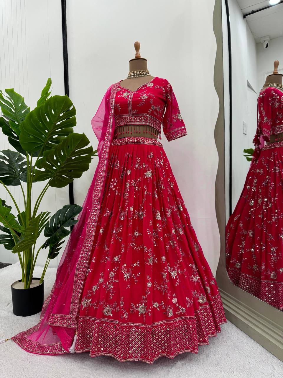 Pink Faux Georgette Thread & Sequin Embroidered Lehenga Choli Set with Fancy Dupatta
