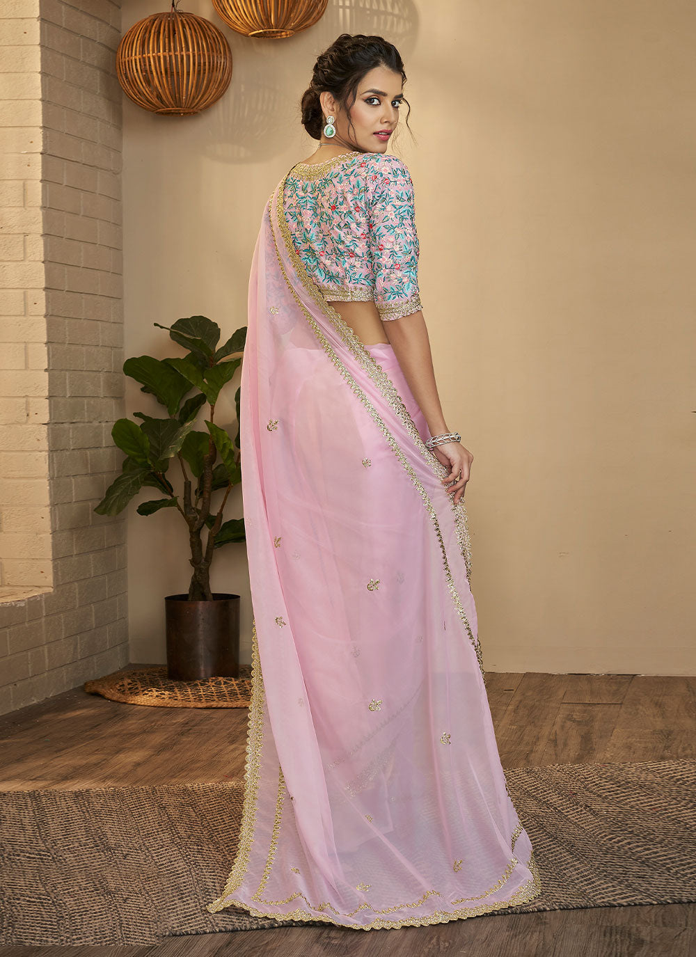 Pink Organza Zari Saree For Wedding