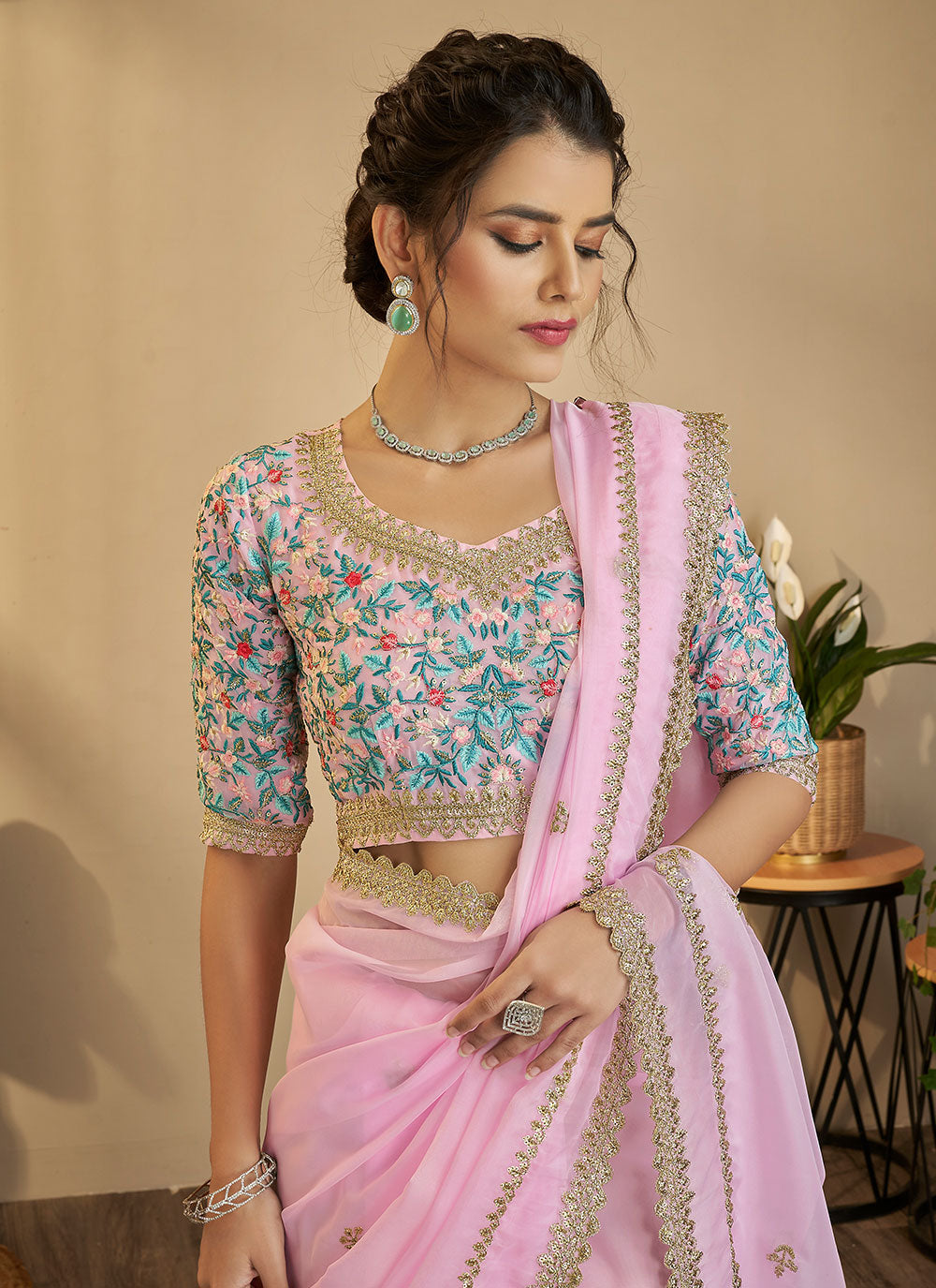 Pink Organza Zari Saree For Wedding