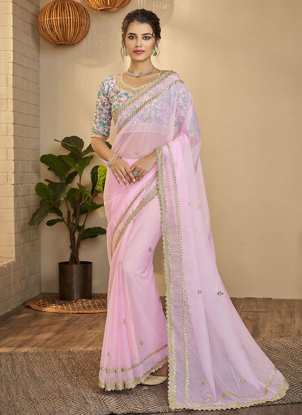 Pink Organza Zari Saree For Wedding