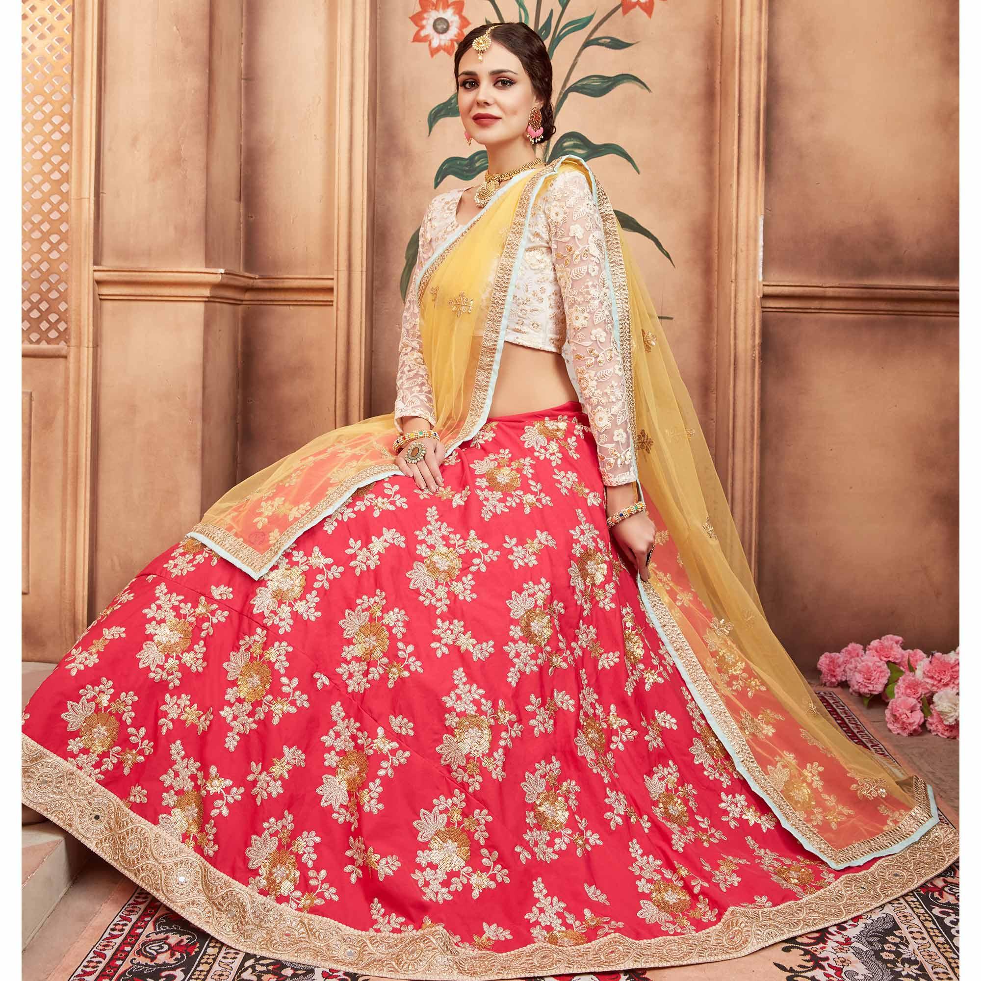 Pink Festive Wear Thread Sequins Zari Work Tafetta Silk Lehenga Choli