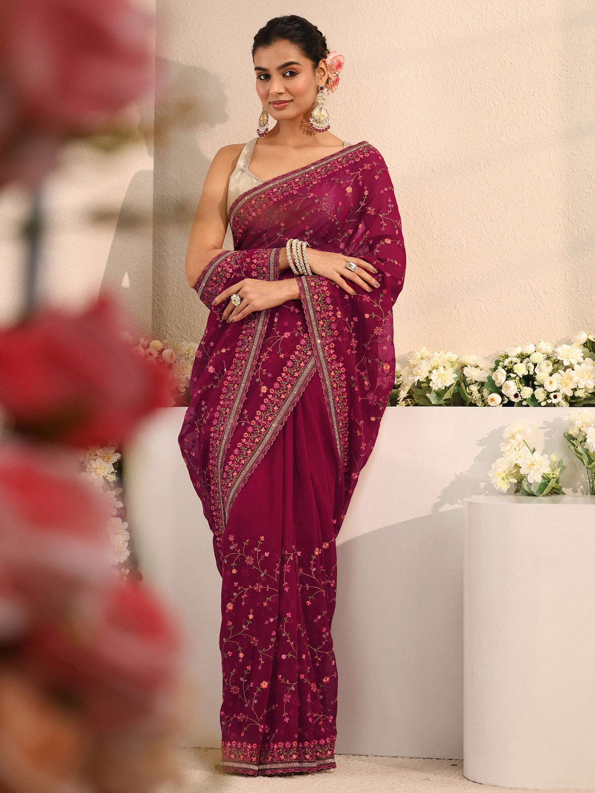 Anouk Pink Floral Embroidered Net Saree With Unstitched Blouse Piece
