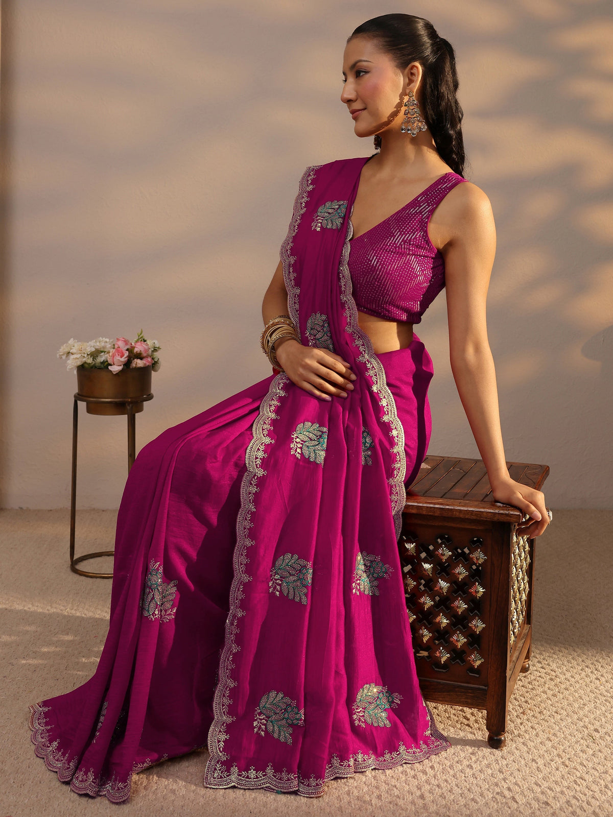 Anouk Pink Floral Embroidered Silk Blend Saree With Unstitched Blouse Piece