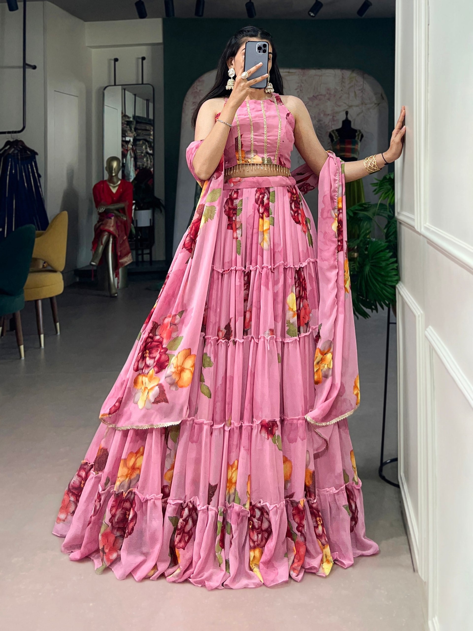 Pink Floral Print Lehenga Set