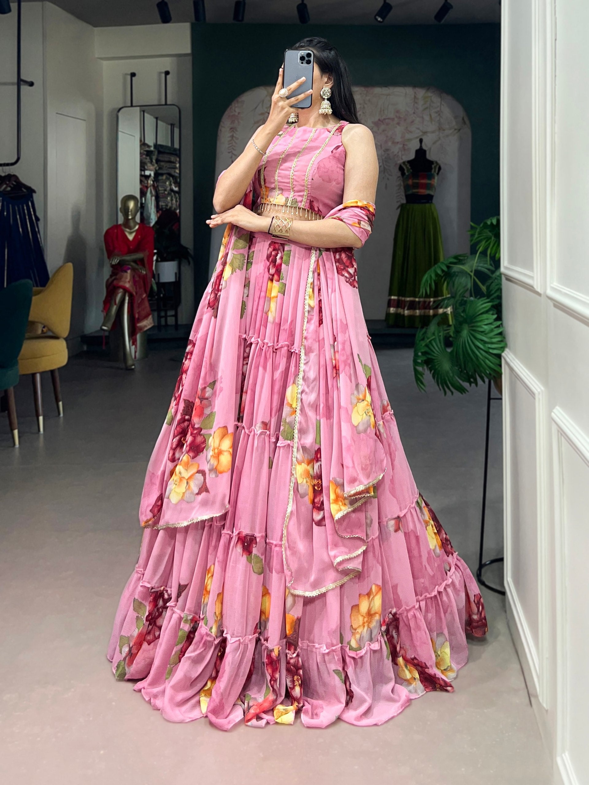Pink Floral Print Lehenga Set