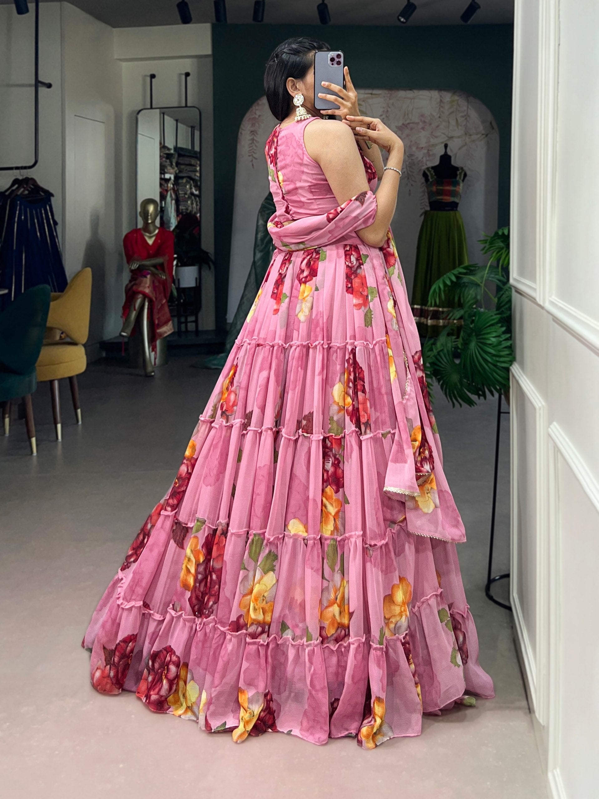 Pink Floral Print Lehenga Set