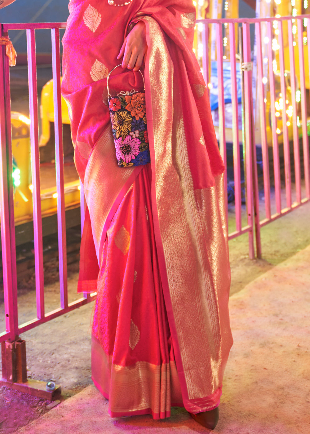 Pink Floral Printed Banarasi Silk Saree with Zari Woven Pallu