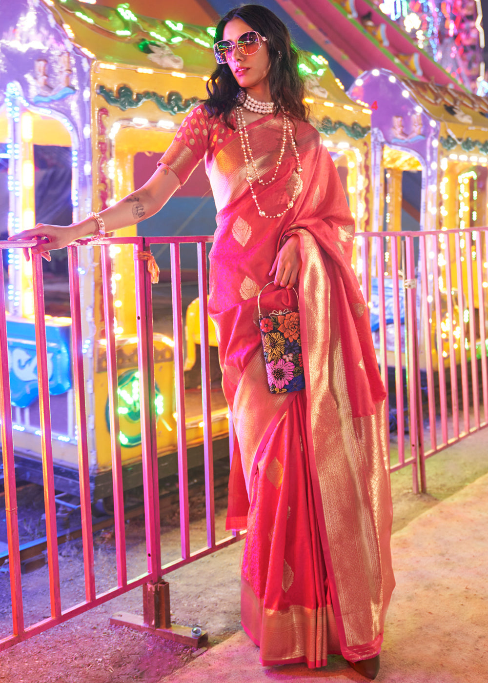 Pink Floral Printed Banarasi Silk Saree with Zari Woven Pallu