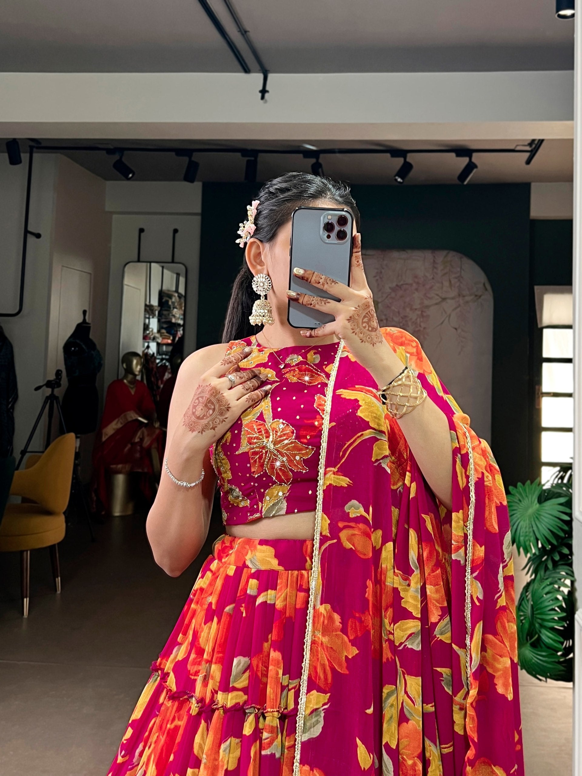 Pink Floral Printed Lehenga Choli Set
