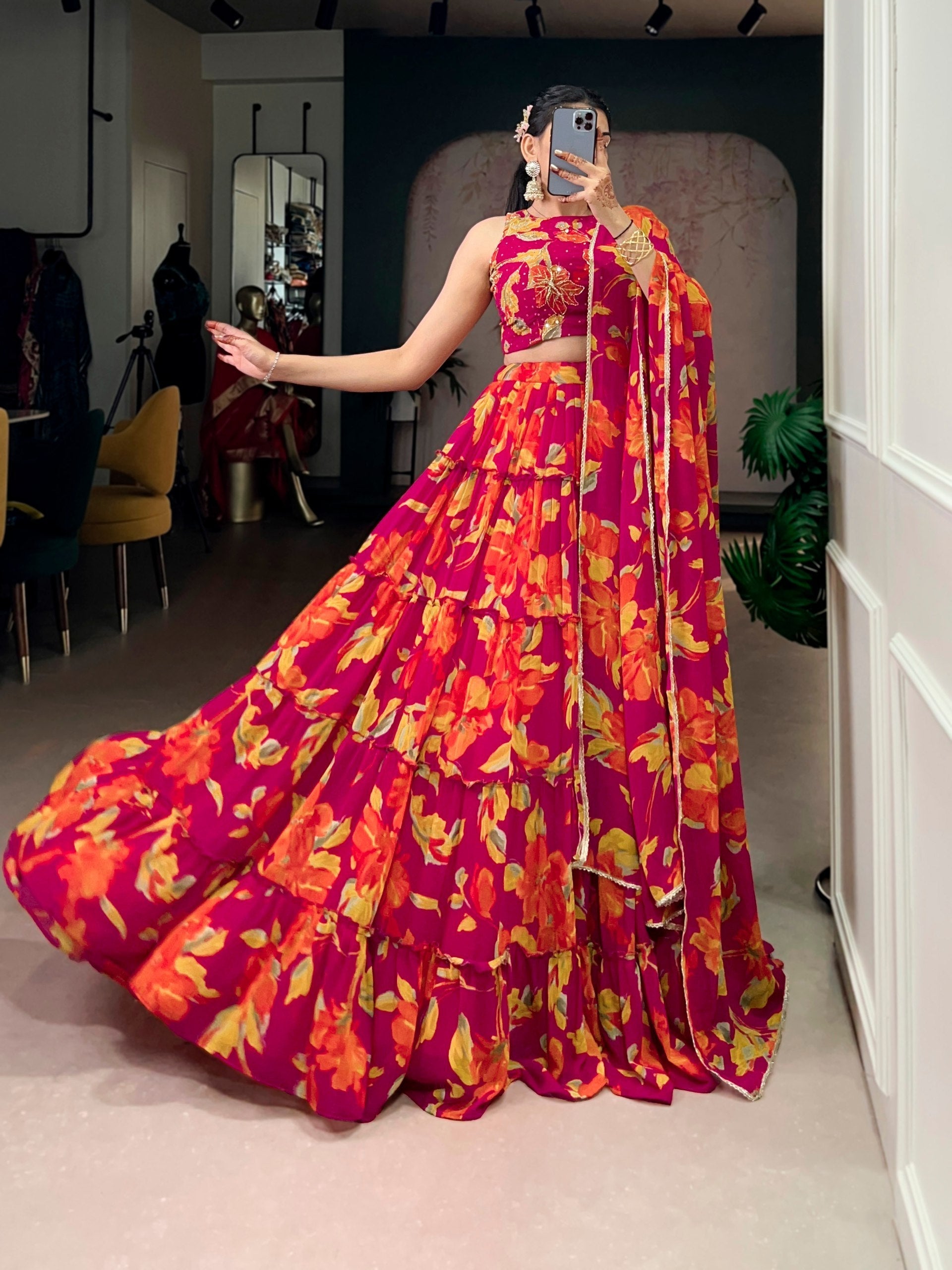 Pink Floral Printed Lehenga Choli Set