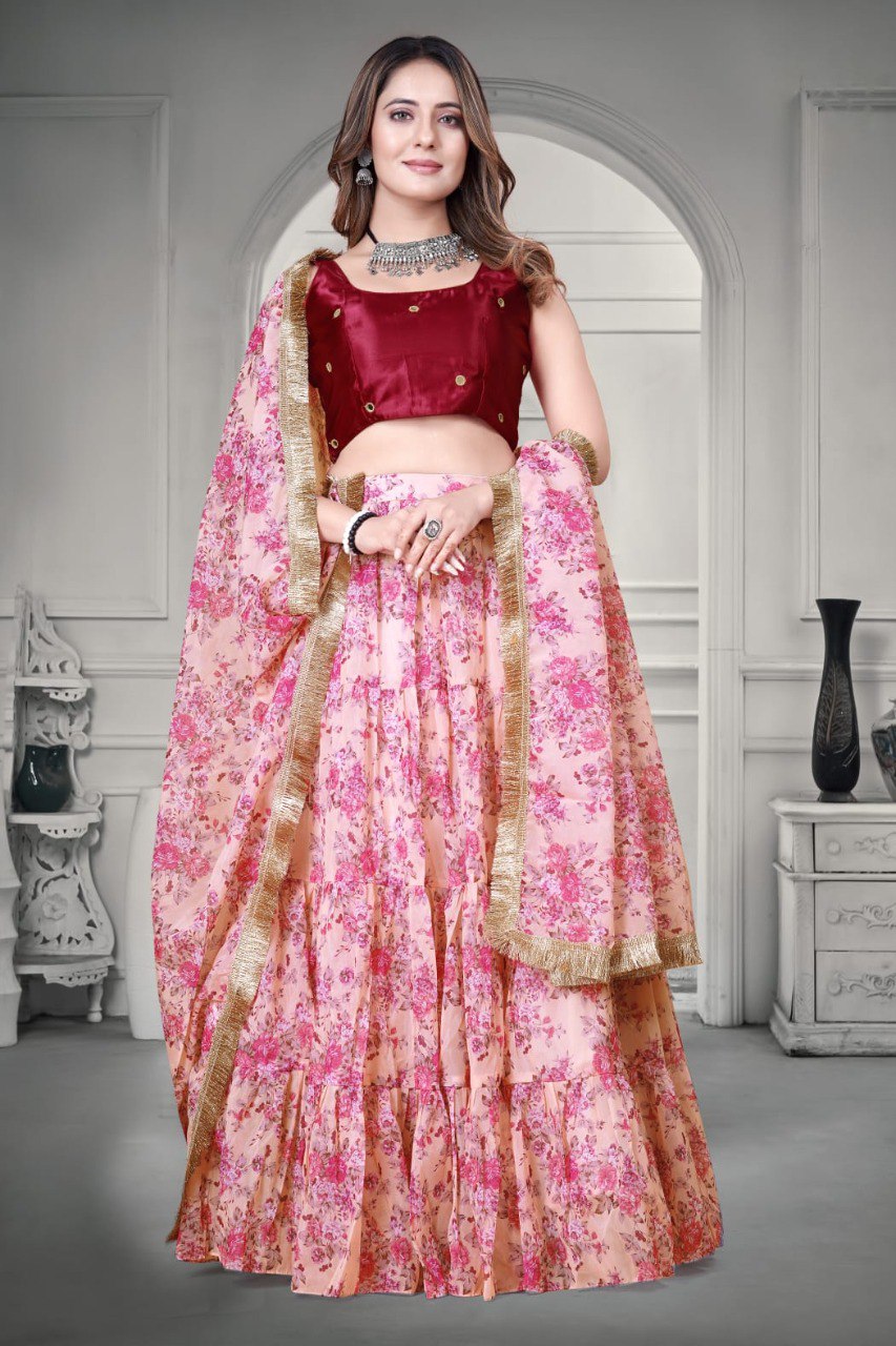 Pink Floral Printed Organza Lehenga Choli Set