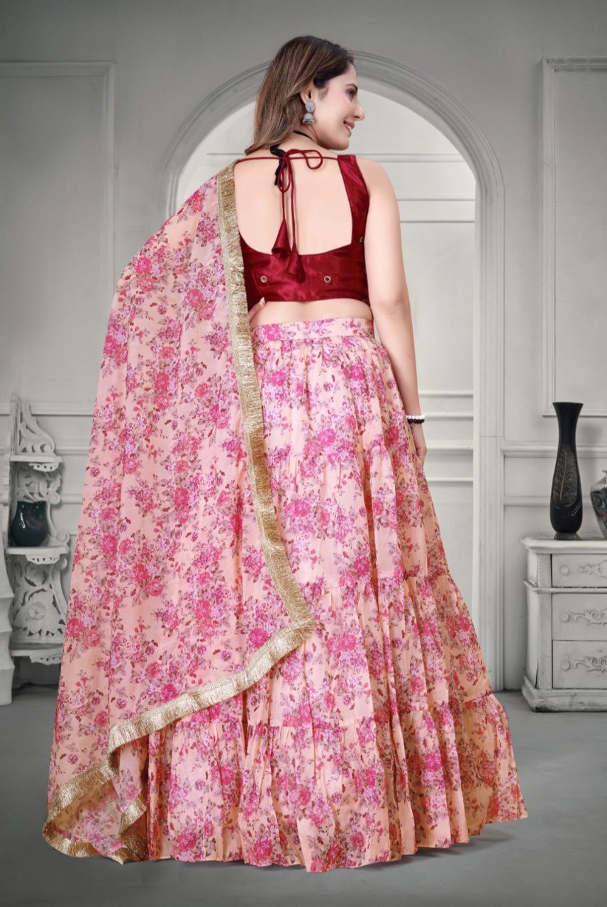 Pink Floral Printed Organza Lehenga Choli Set