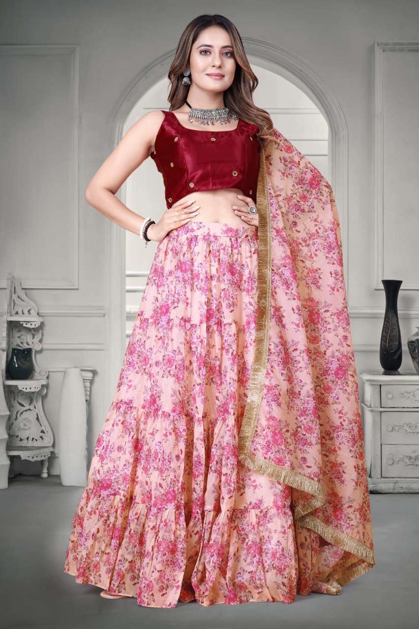 Pink Floral Printed Organza Lehenga Choli Set