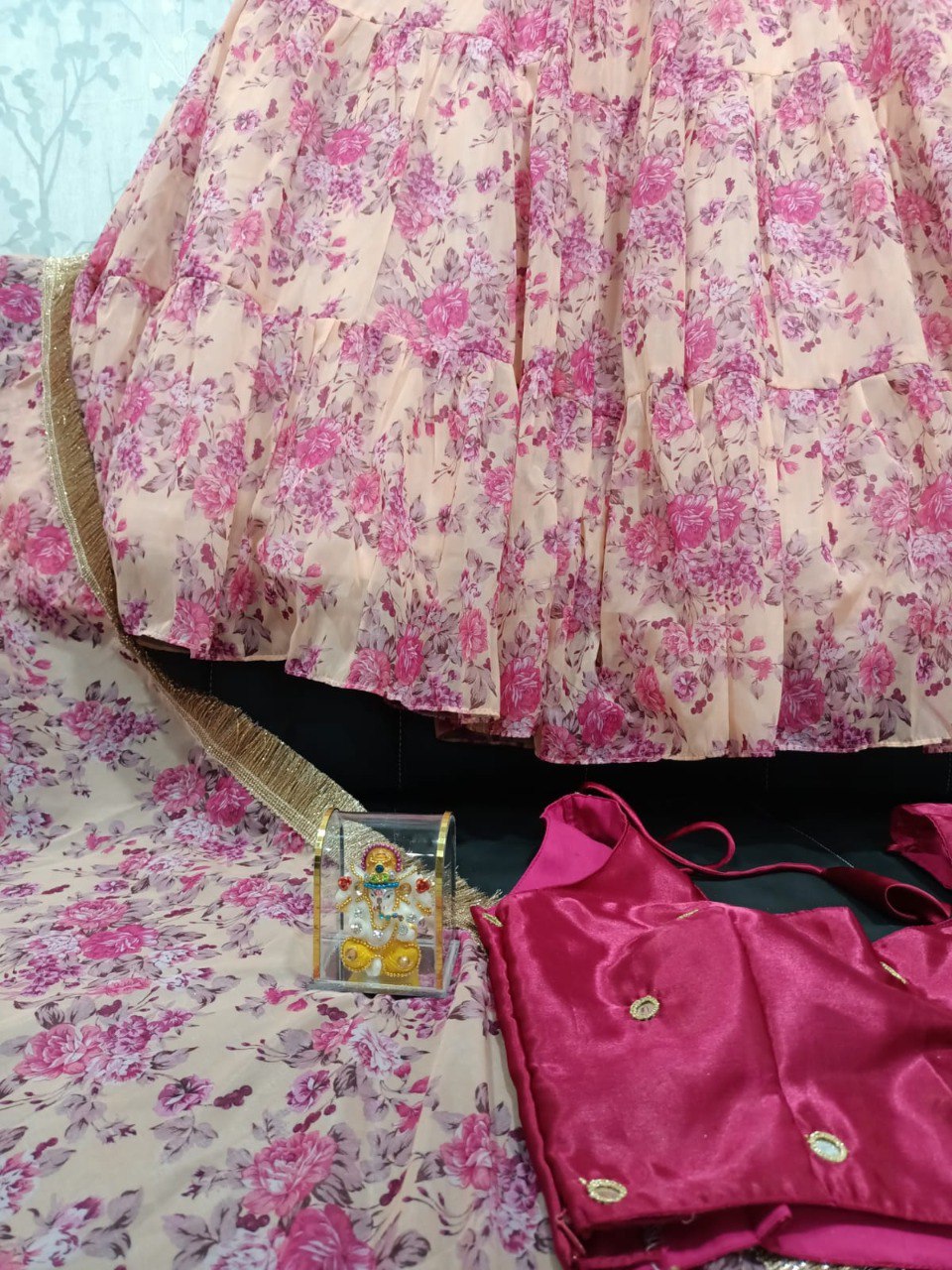 Pink Floral Printed Organza Lehenga Choli Set
