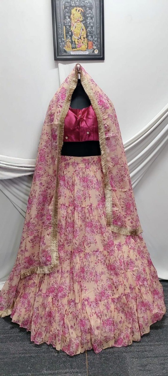 Pink Floral Printed Organza Lehenga Choli Set