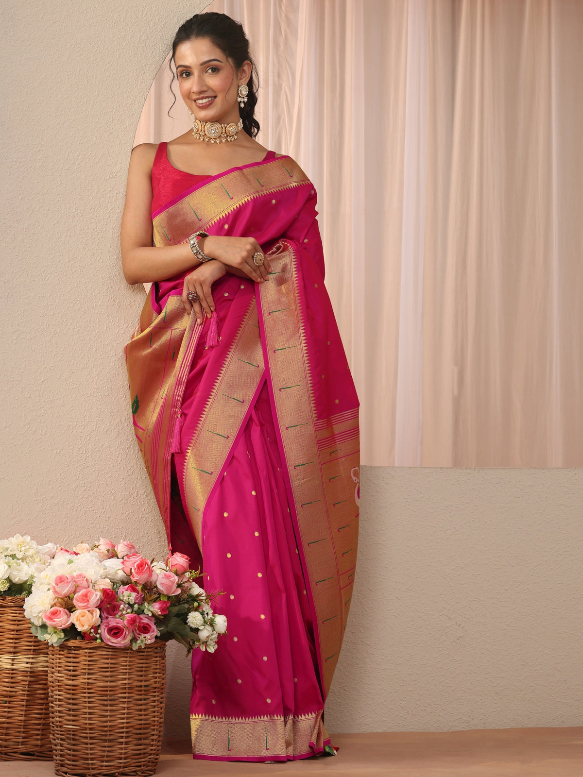 Anouk Pink Silk Blend Paithani Saree