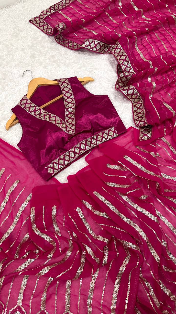 Pink Georgette Saree with Sequins, Thread & Dori Work Paired with Unstitched Japan Satin Blouse