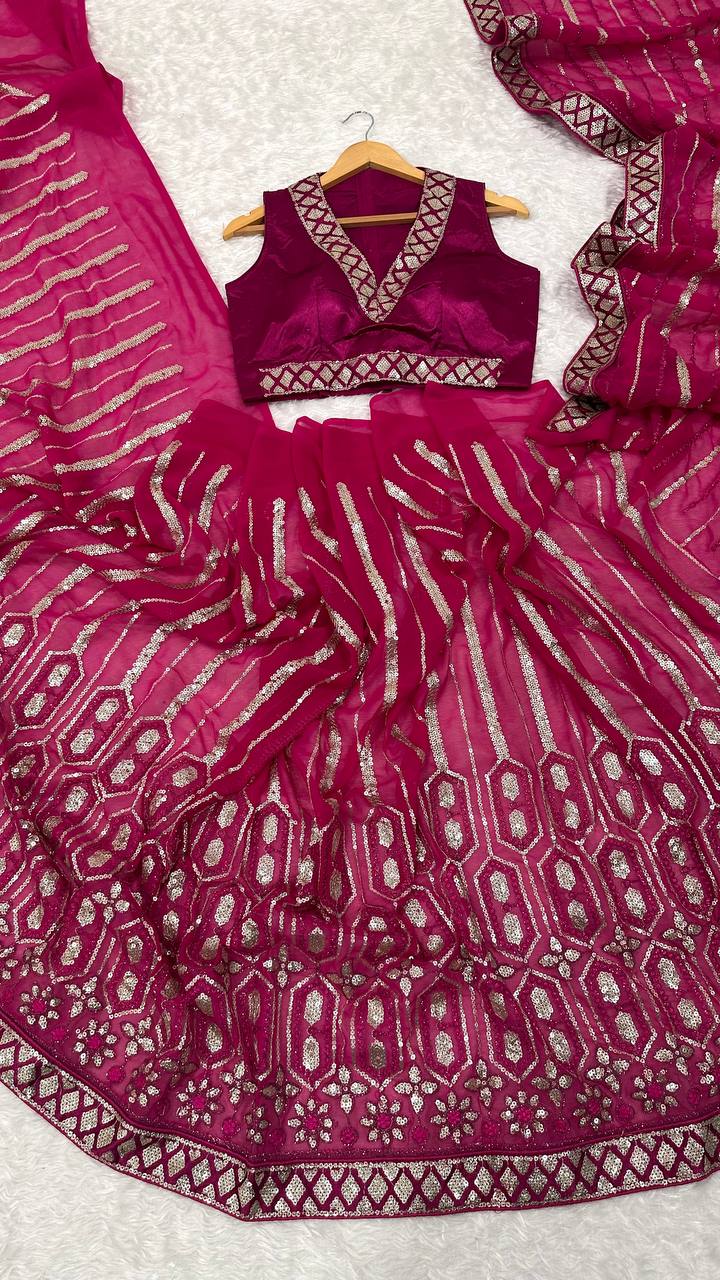 Pink Georgette Saree with Sequins, Thread & Dori Work Paired with Unstitched Japan Satin Blouse