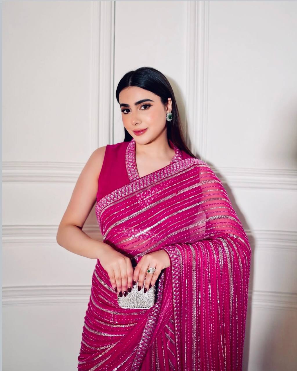 Pink Georgette Saree with Sequins, Thread & Dori Work Paired with Unstitched Japan Satin Blouse