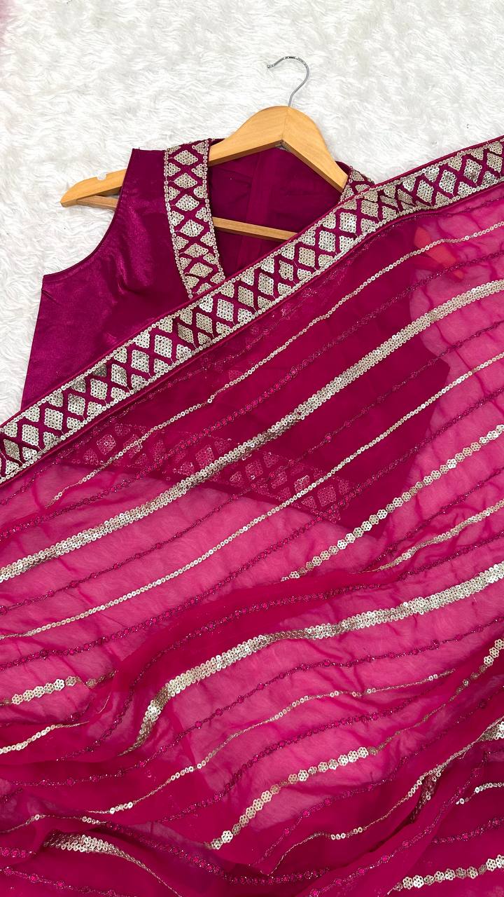 Pink Georgette Saree with Sequins, Thread & Dori Work Paired with Unstitched Japan Satin Blouse