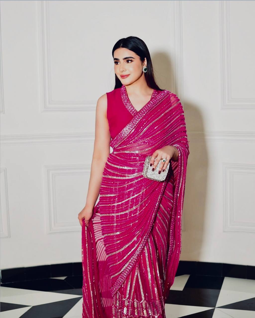 Pink Georgette Saree with Sequins, Thread & Dori Work Paired with Unstitched Japan Satin Blouse