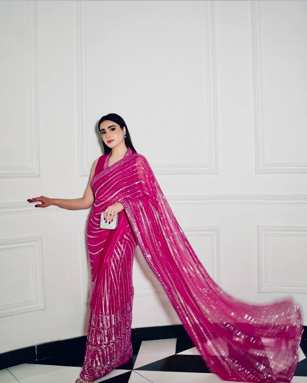 Pink Georgette Saree with Sequins, Thread & Dori Work Paired with Unstitched Japan Satin Blouse
